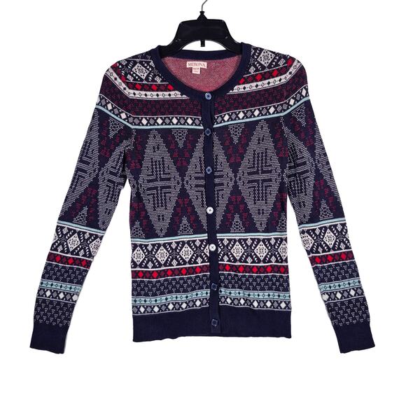 Merona Fair Isle Nordic Navy Red White Button Front Cardigan Womens size XS - Picture 1 of 4